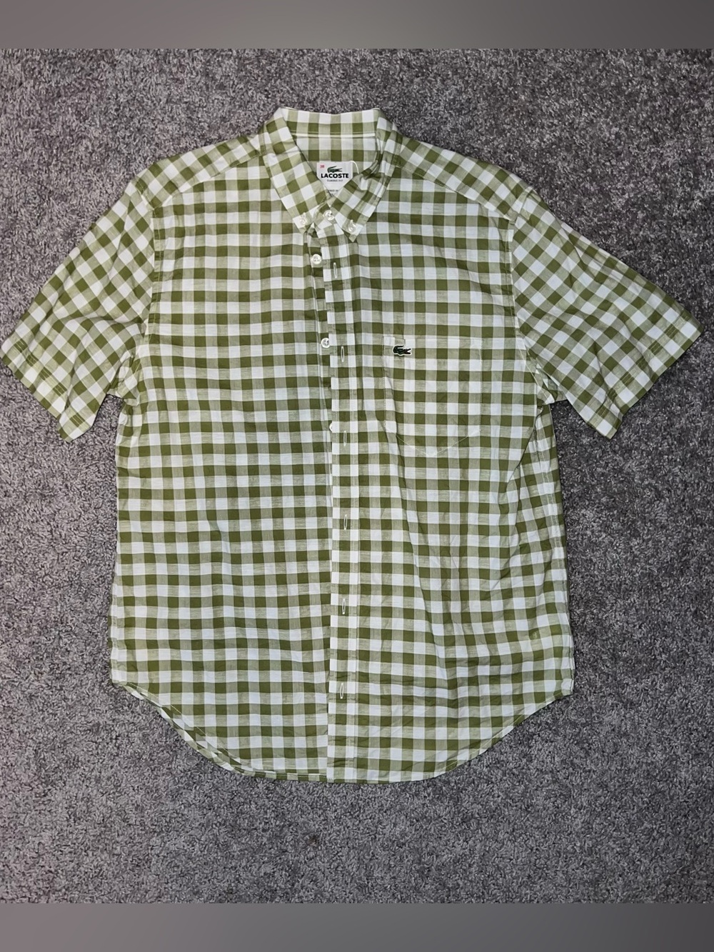 Lacoste Green and White Gingham Short-Sleeve Button-Down Shirt